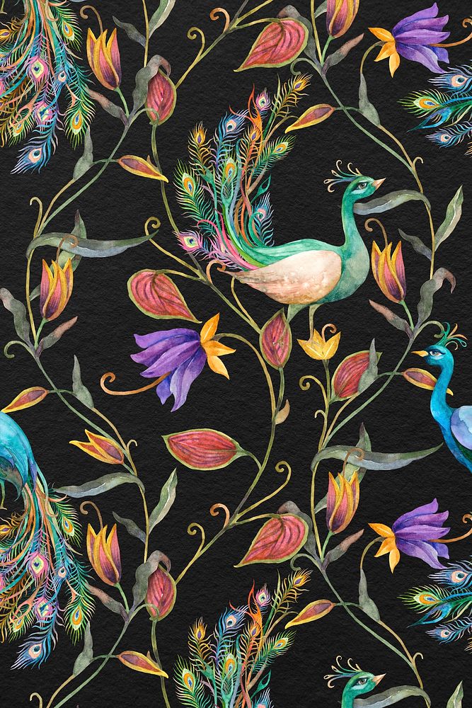 Pattern background psd with watercolor peacock and flower illustration