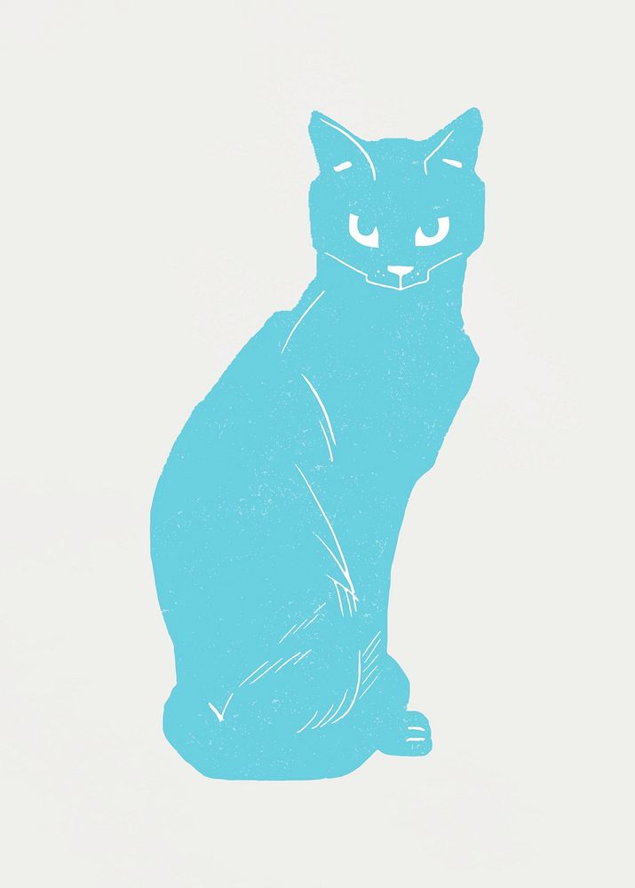 Vintage light blue cat animal hand drawn clipart