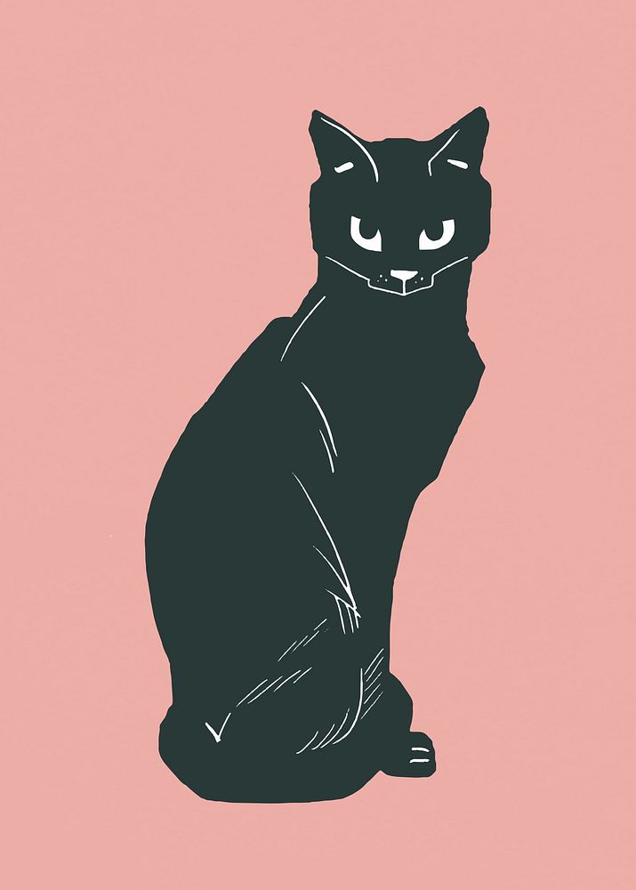 Black cat animal vintage linocut drawing