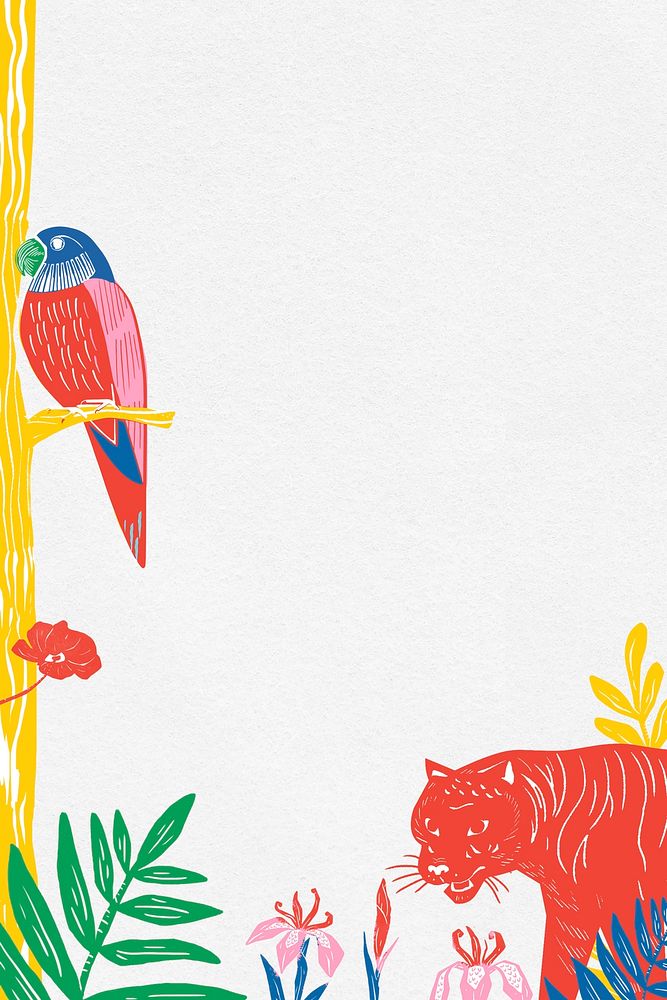 Vintage animals frame psd colorful linocut jungle background