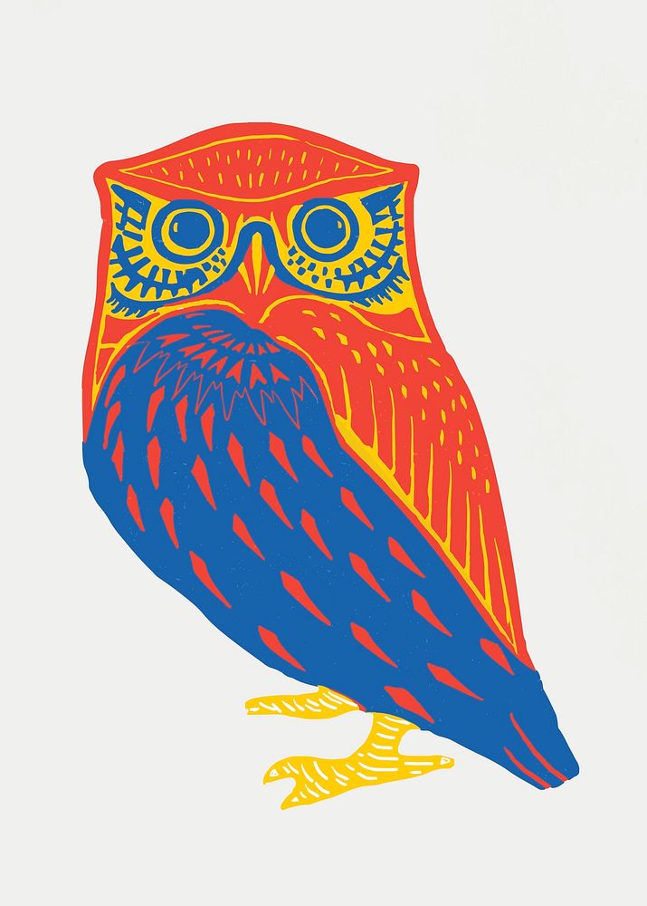 Vintage colorful owl bird linocut clipart