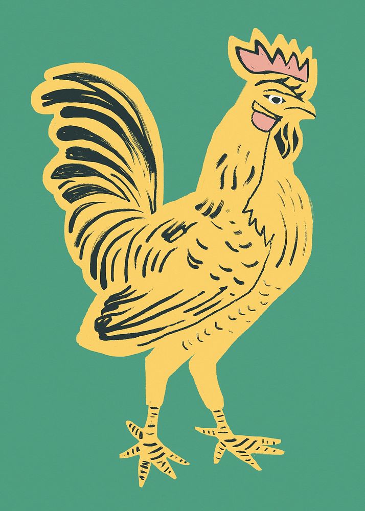 Vintage yellow rooster psd bird linocut style