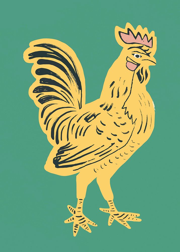 Vintage yellow rooster vector bird linocut style