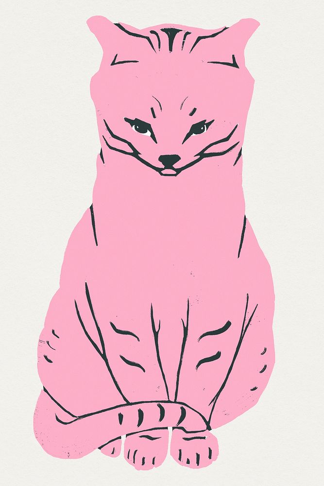 Pink cat animal psd vintage linocut drawing