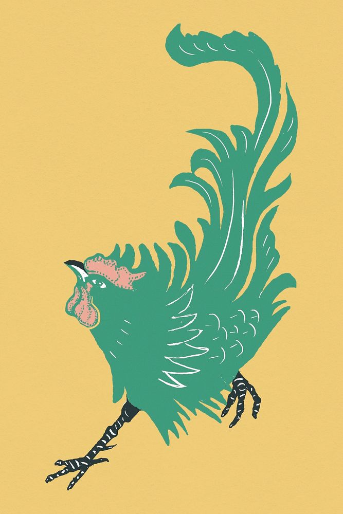 Vintage green rooster psd bird linocut style
