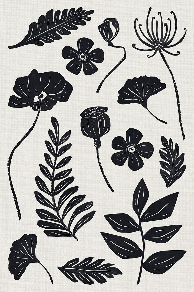 Black flowers psd linocut hand drawn floral set