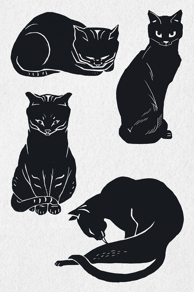 Vintage black cats linocut psd clipart collection
