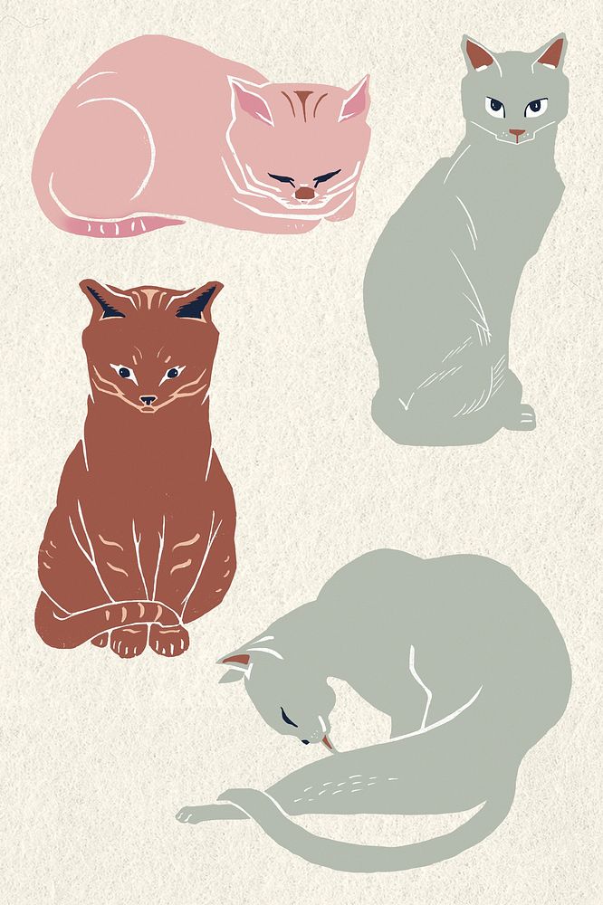Vintage cats psd drawing linocut style collection
