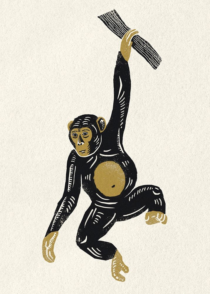 Gold black monkey psd animal linocut clipart