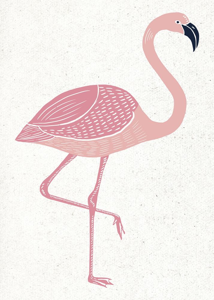 Pink flamingo psd vintage linocut hand drawn