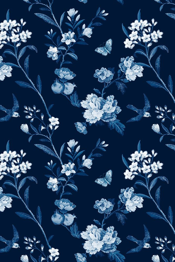 Psd blue botanical pattern vintage background