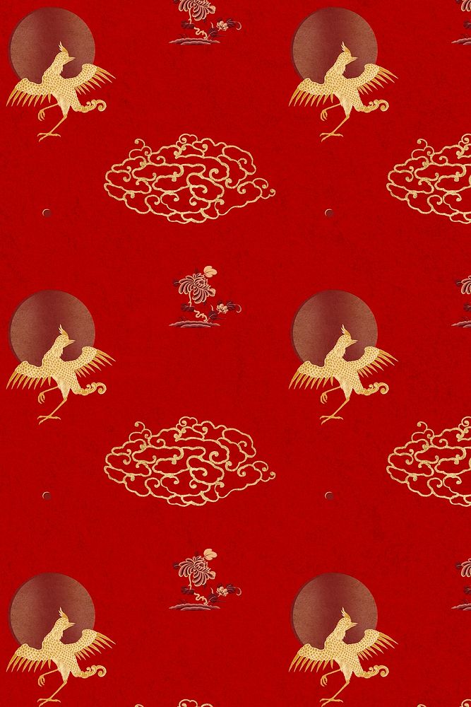Oriental bird pattern red Chinese background