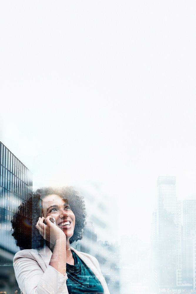 Young business woman on phone over city background