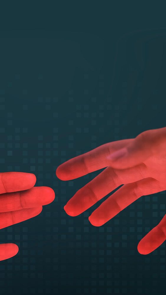 Red human hands reaching for each other 