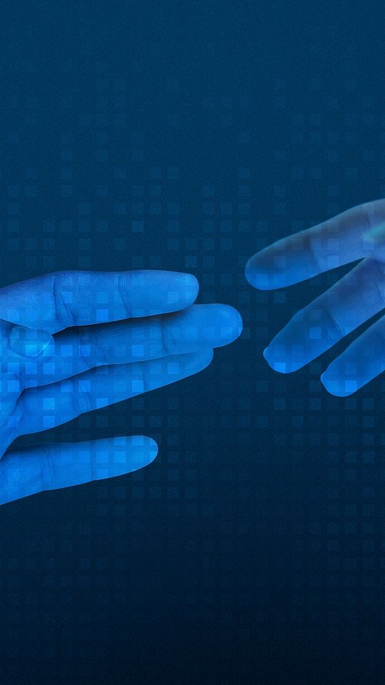 Blue human hands reaching for each other
