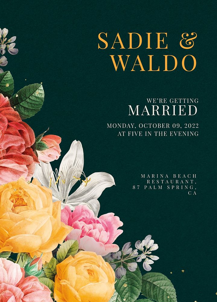 Editable wedding invitation card psd template green vintage floral style