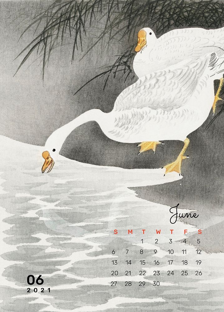 Calendar 2021 June printable template psd geese on the shore remix from Ohara Koson