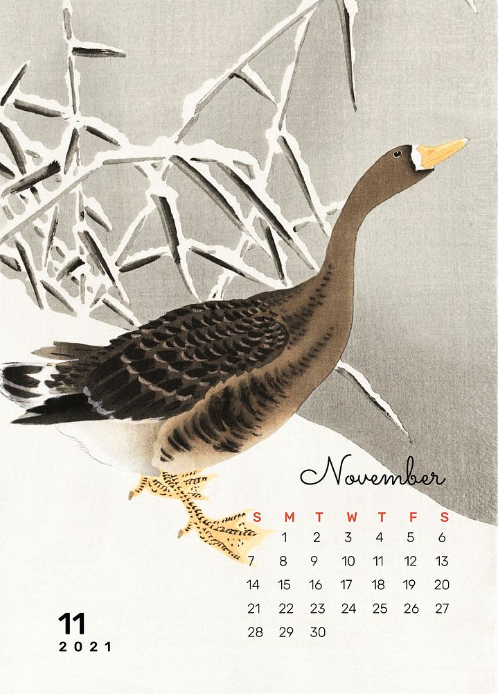 2021 calendar November printable template psd white-fronted goose in the snow remix from Ohara Koson