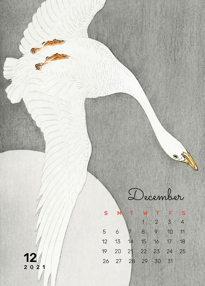 Calendar 2021 December printable template vector goose at full moon remix from Ohara Koson