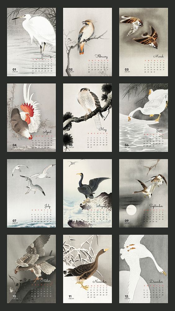 Calendar 2021 printable template psd set Japanese bird remix from Ohara Koson