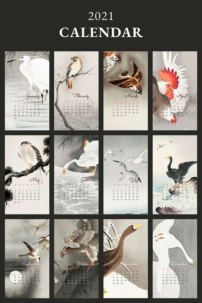 2021 calendar printable template vector set Japanese bird remix from Ohara Koson