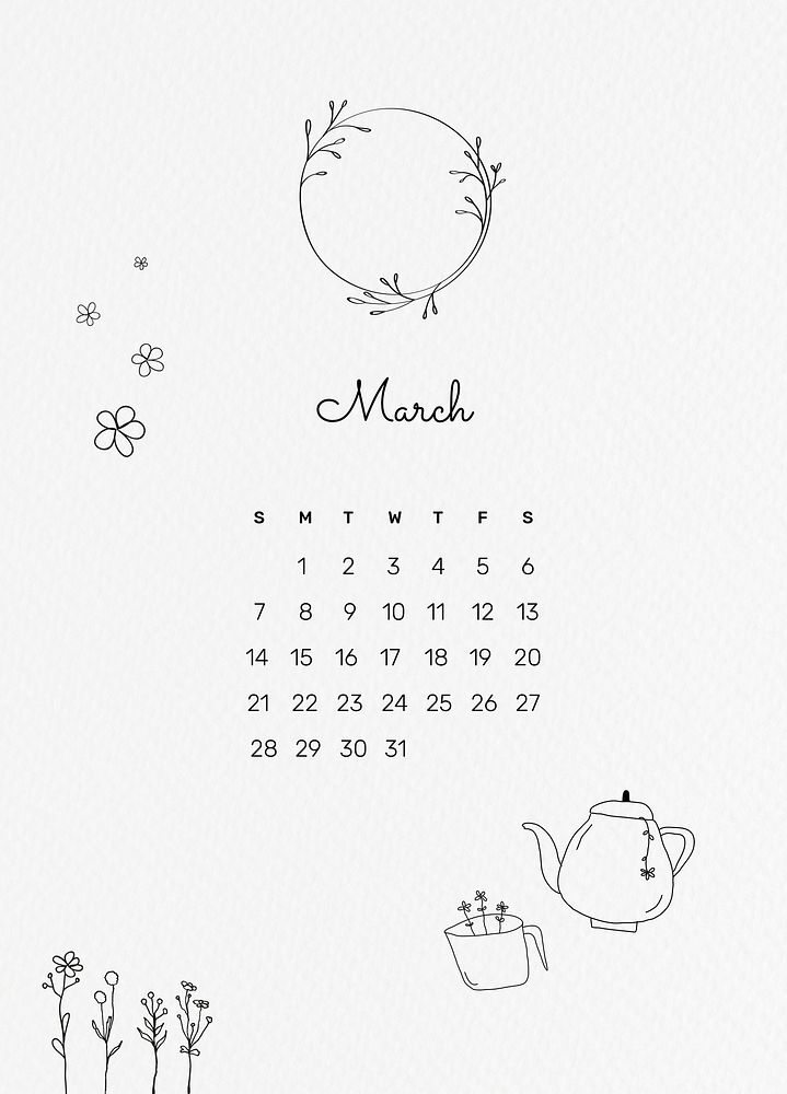 March 2021 printable template psd month cute doodle drawing