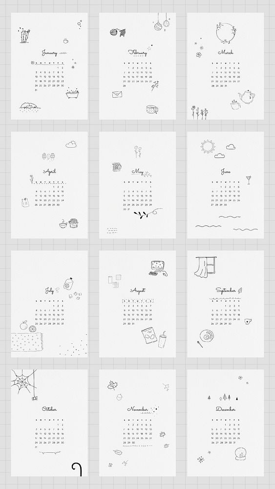 Calendar 2021 printable template psd set cute doodle drawing