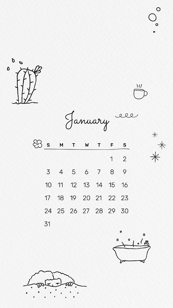 2021 January  printable month cute doodle drawing