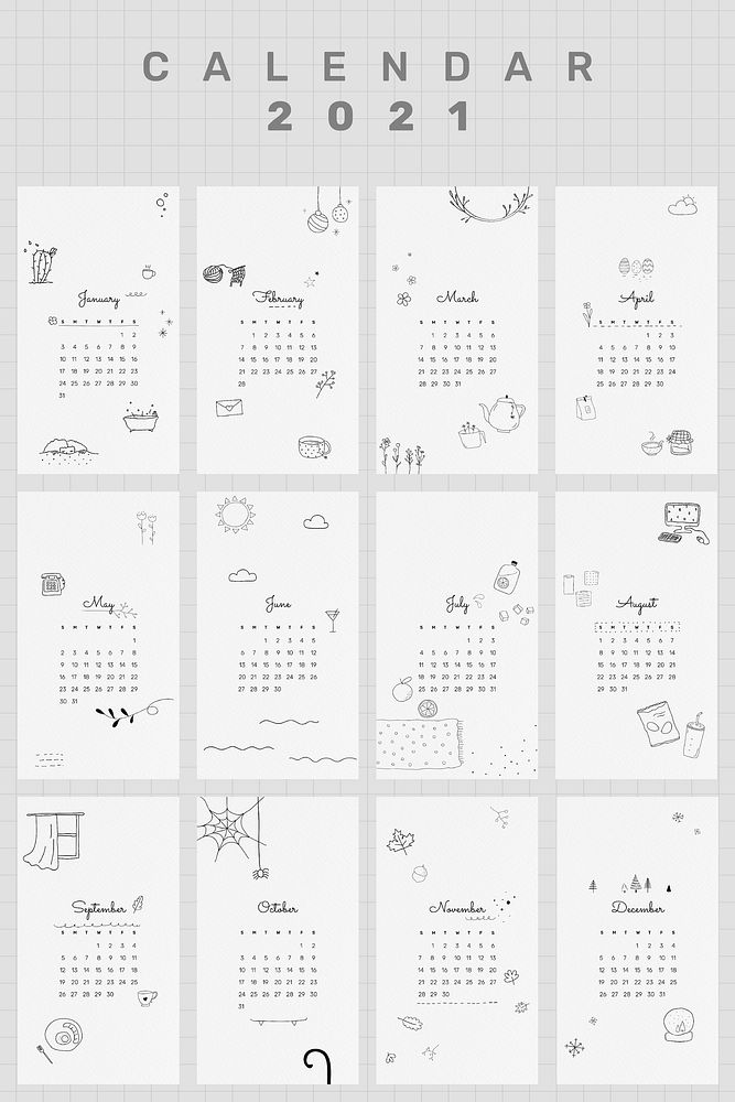 2021 calendar printable template vector monthly set cute doodle drawing