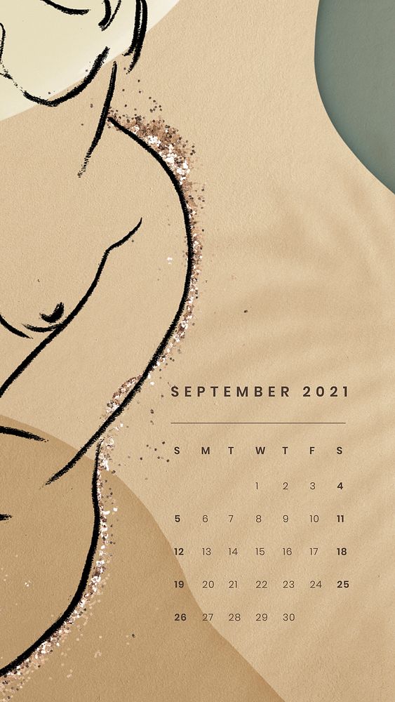 September 2021 printable month sketched nude lady background
