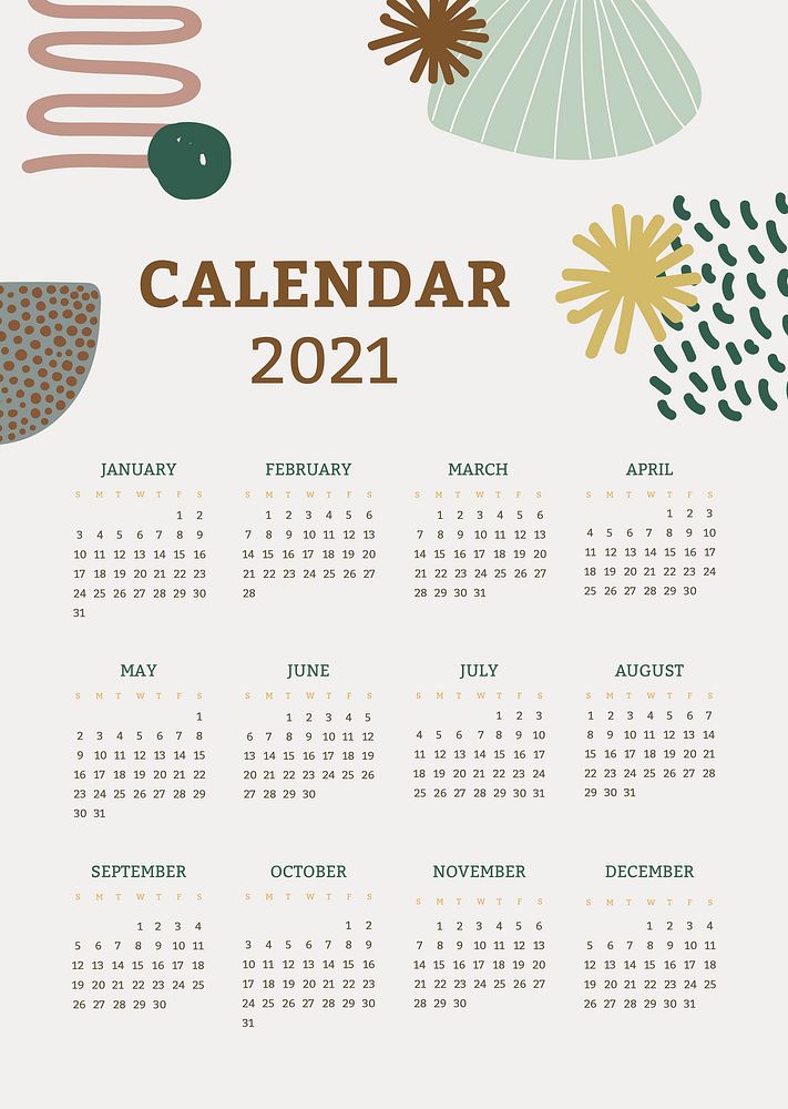 Calendar 2021 poster psd printable template set Scandinavian mid century background