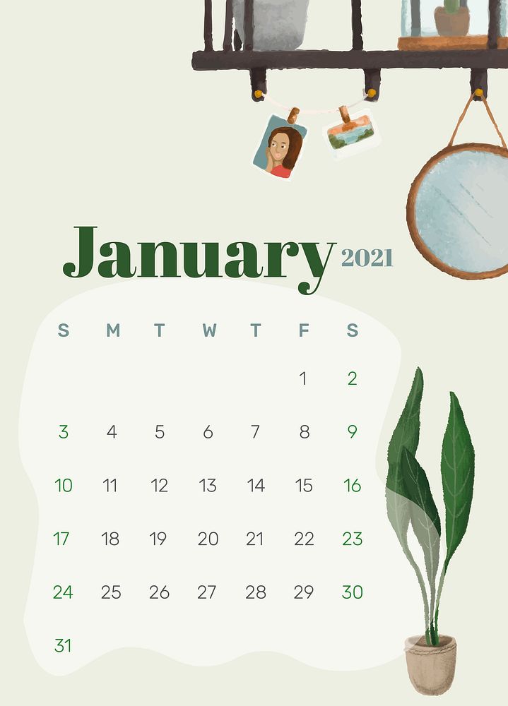 Calendar 2021 January printable template psd hand drawn lifestyle