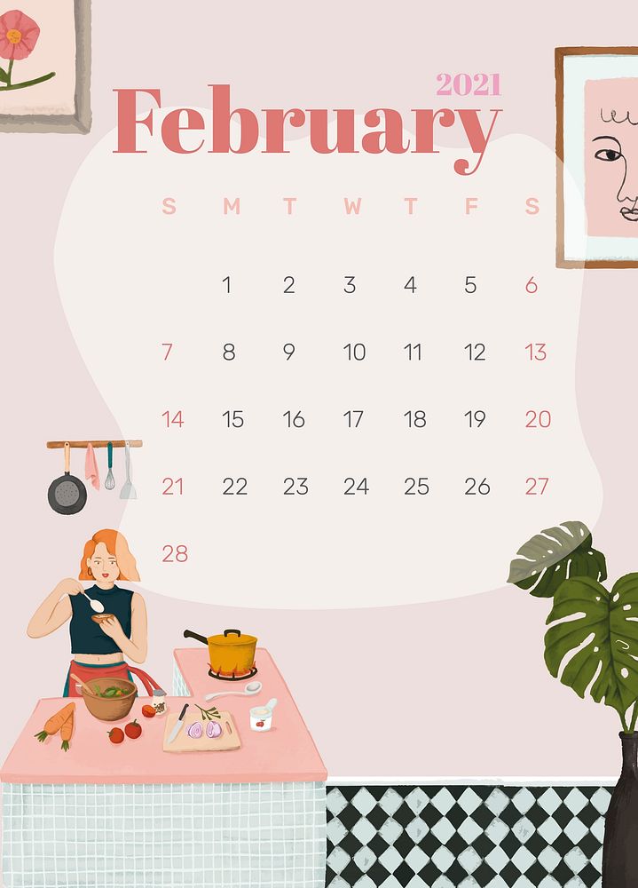 2021 calendar February printable template psd hand drawn lifestyle