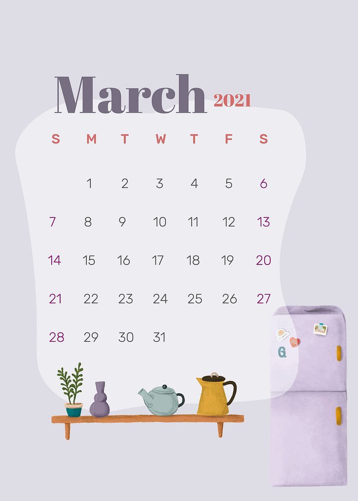 Calendar 2021 March printable banner hand drawn lifestyle