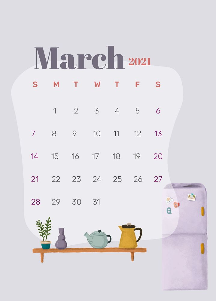 2021 calendar March printable template psd hand drawn lifestyle
