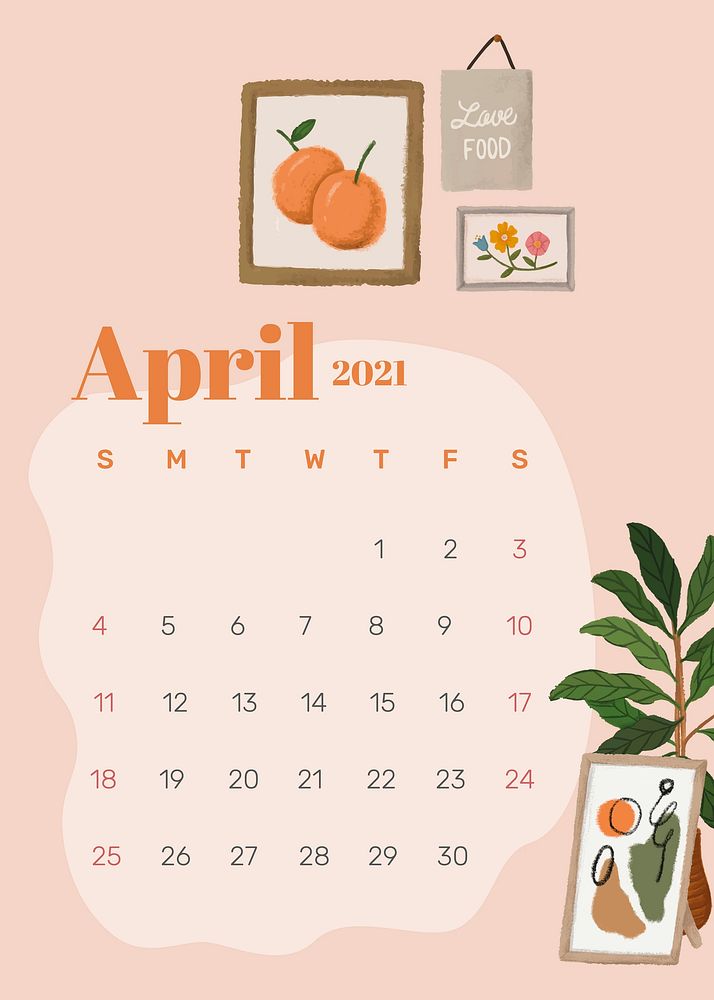 2021 calendar April printable template vector hand drawn lifestyle