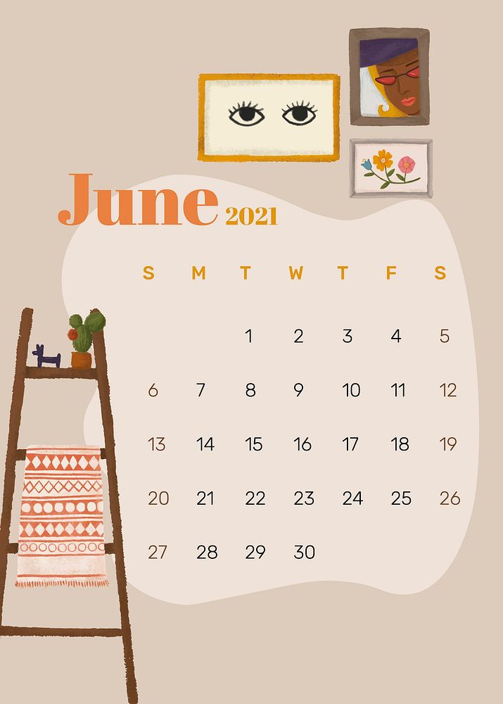 Calendar 2021 June printable template vector hand drawn lifestyle