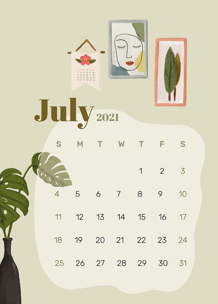 Calendar 2021 July printable template psd hand drawn lifestyle