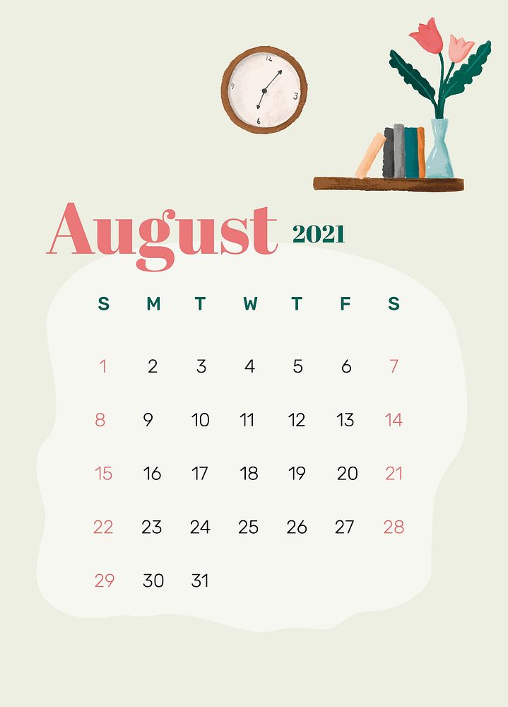 2021 calendar August printable template psd hand drawn lifestyle