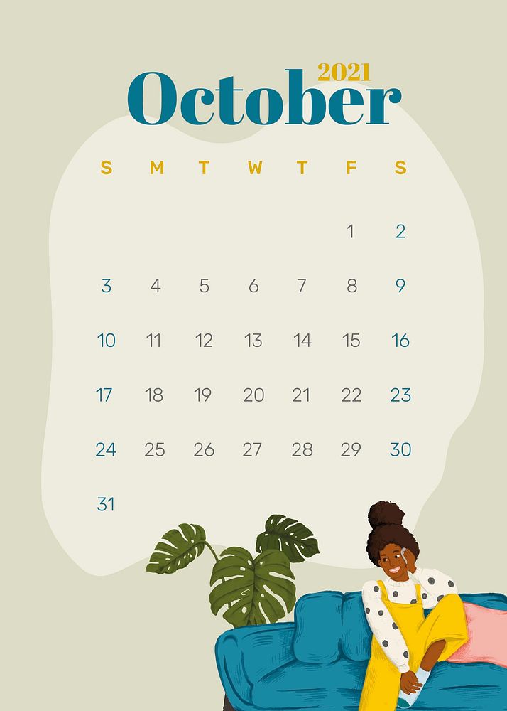Calendar 2021 October printable template vector hand drawn lifestyle