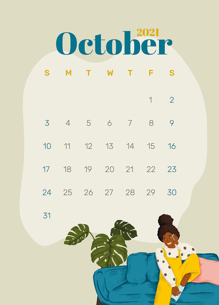 Calendar 2021 October printable template psd hand drawn lifestyle