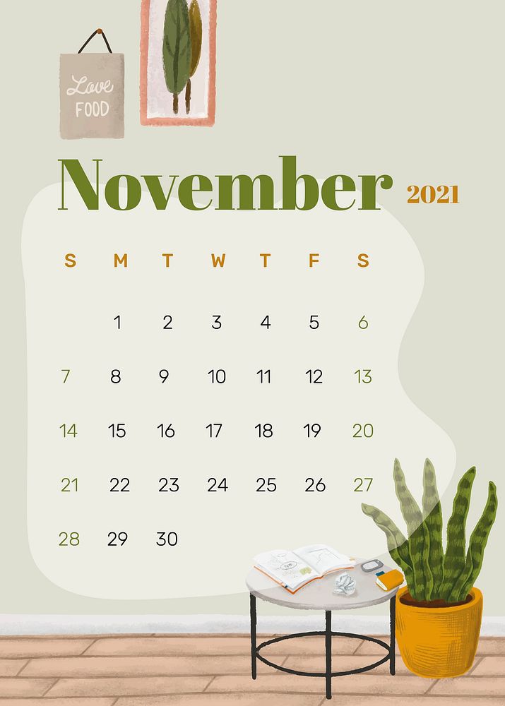 2021 calendar November printable template vector hand drawn lifestyle