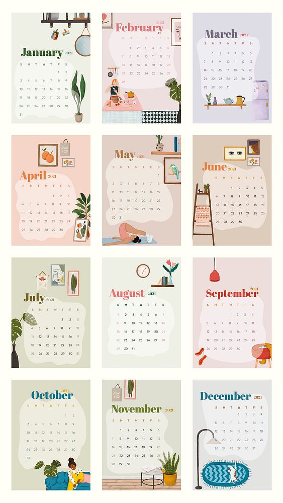 Calendar 2021 printable template vector set hand drawn lifestyle