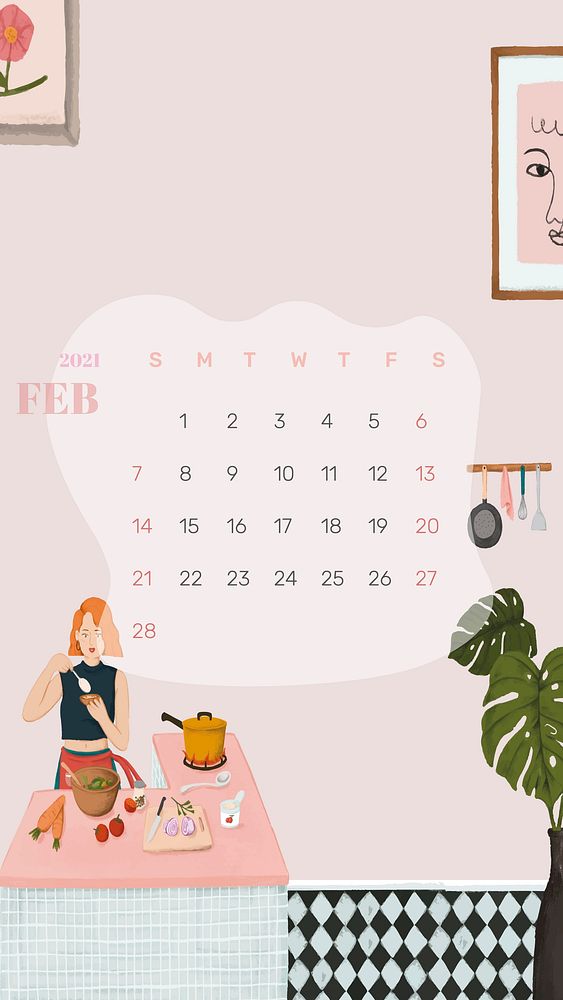 Calendar 2021 February phone wallpaper hand drawn lifestyle