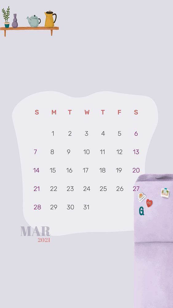 Calendar 2021 March phone wallpaper hand drawn lifestyle