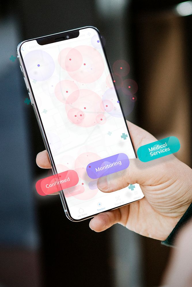 Smartphone screen mockup psd with Covid 19 tracking app