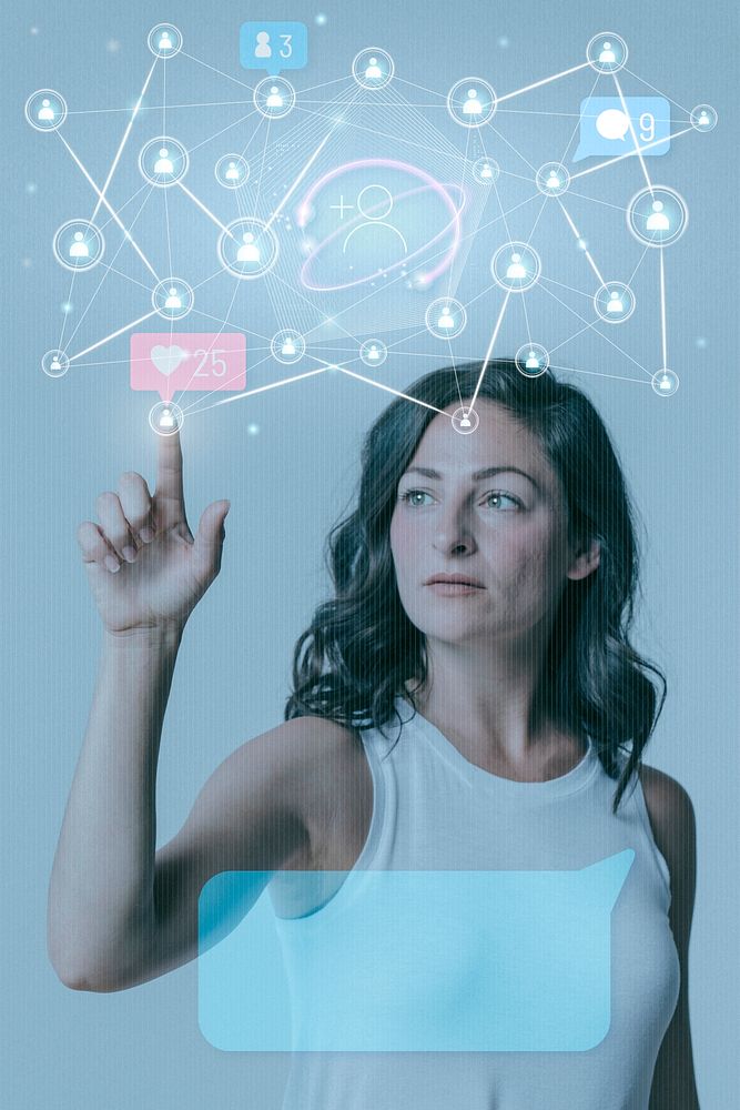 Futuristic global network psd woman using social media with text box