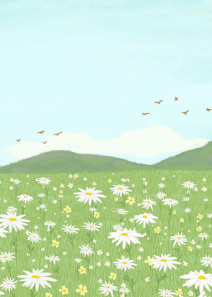 Blooming daisy field psd background with mountain poster