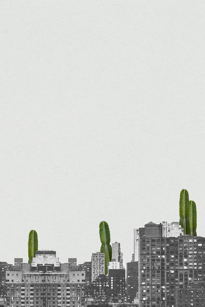 Creative background psd of grayscale cityscape and cacti remixed media design space