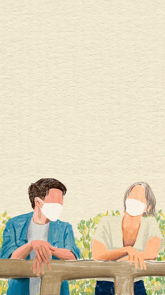 Masked couple mobile wallpaper psd in the new normal color pencil illustration